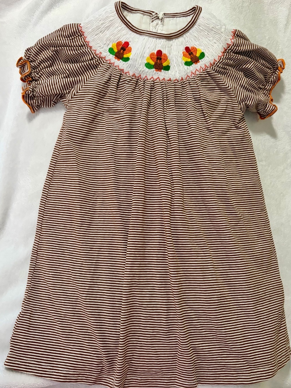 Striped Brown & White Smocked Kids Dress with Colorful Floral Motif